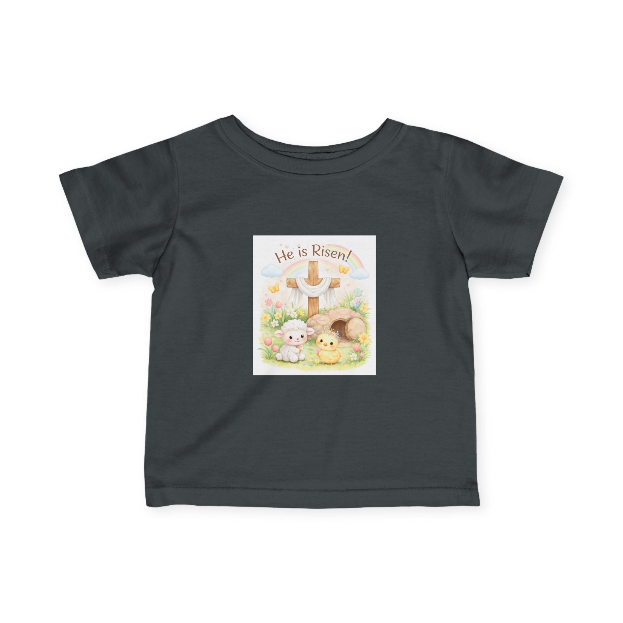 Infant Tee — "He is Risen" Easter Cross & Bunny Floral Design
