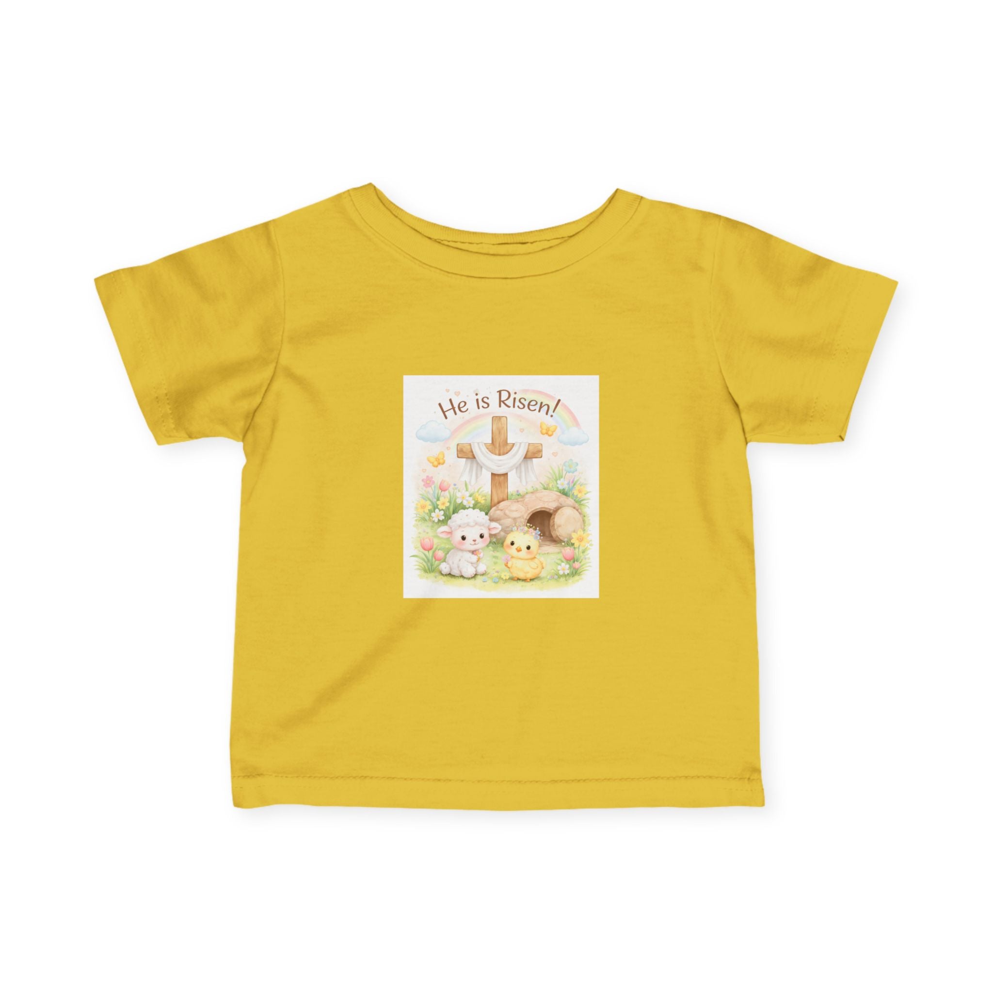 Infant Tee — "He is Risen" Easter Cross & Bunny Floral Design