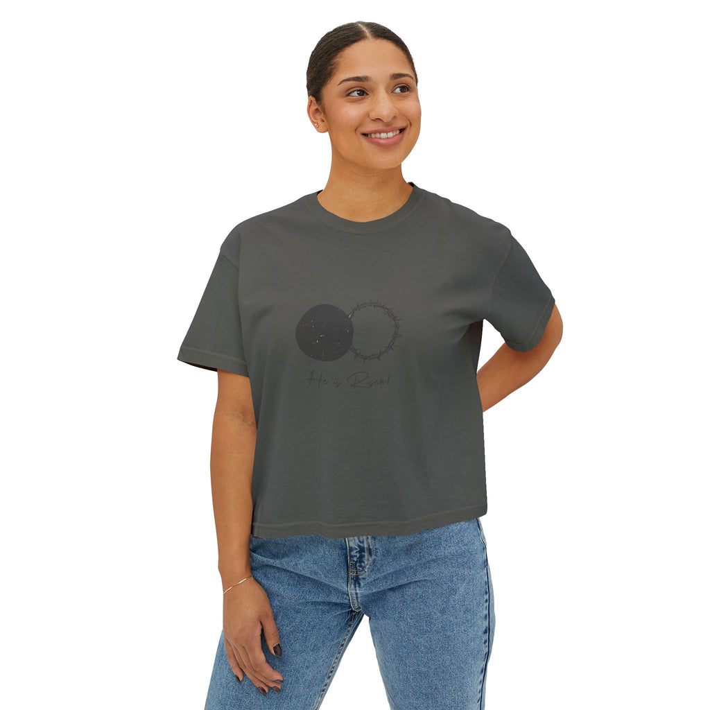 Women's Boxy Tee — 'He is Risen' Minimal Eclipse Graphic Crop Shirt