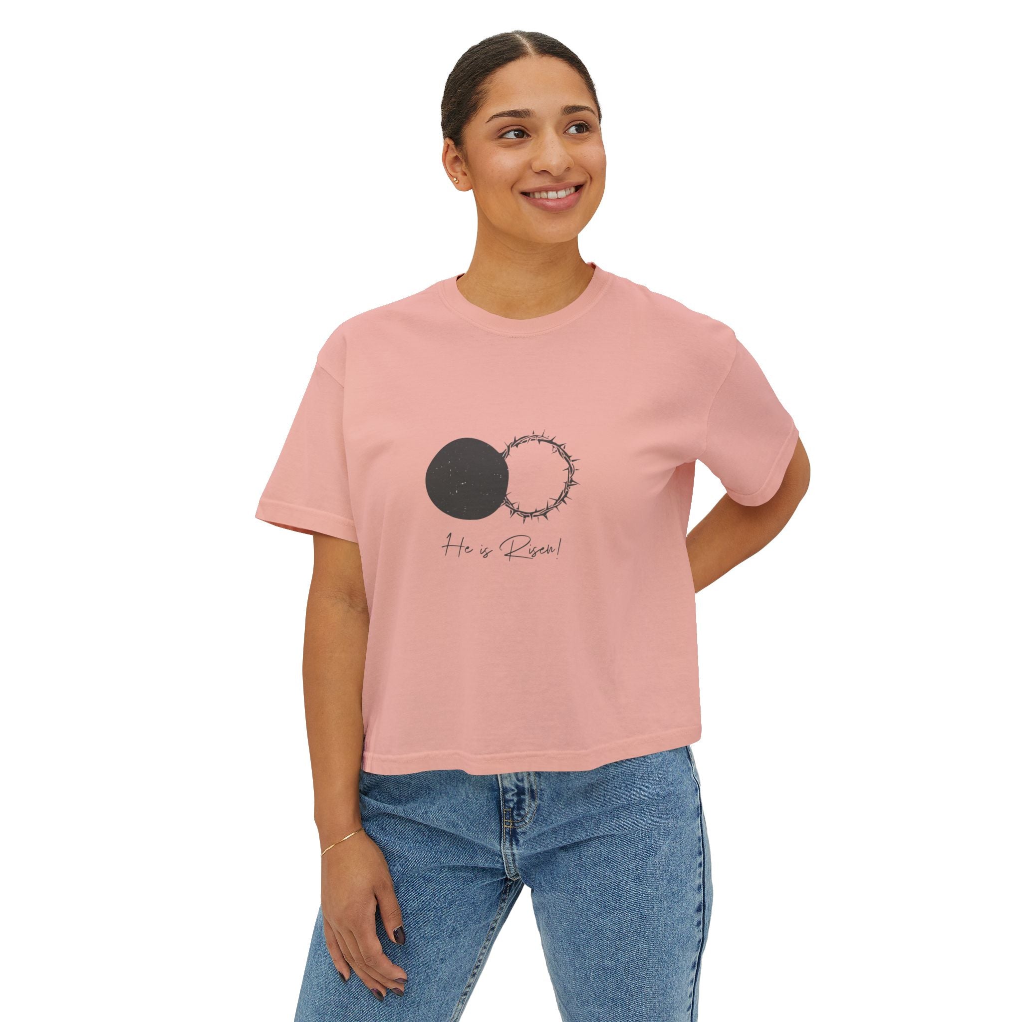 Women's Boxy Tee — 'He is Risen' Minimal Eclipse Graphic Crop Shirt