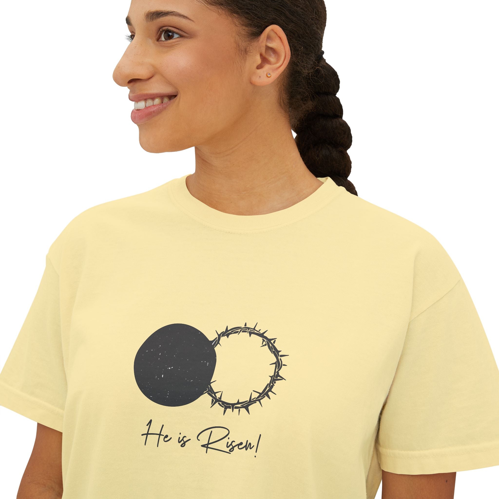 Women's Boxy Tee — 'He is Risen' Minimal Eclipse Graphic Crop Shirt