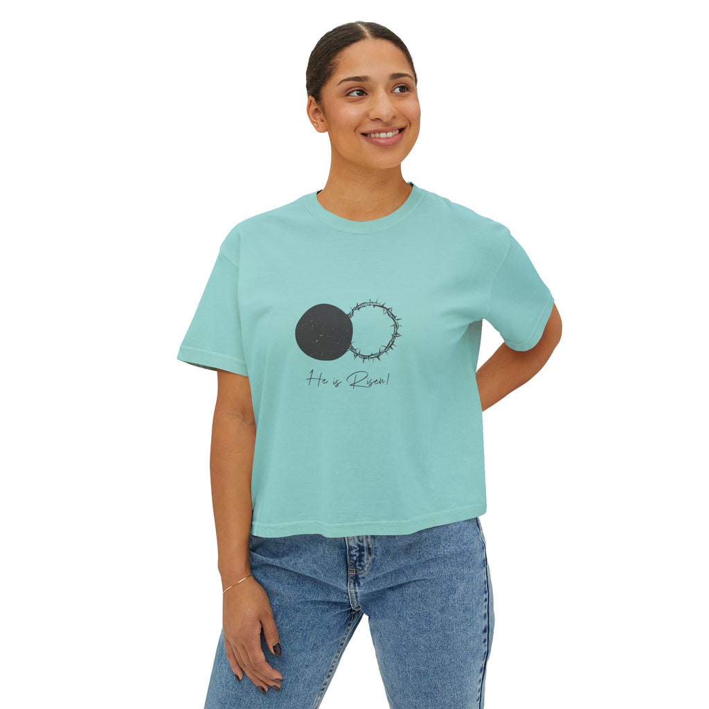 Women's Boxy Tee — 'He is Risen' Minimal Eclipse Graphic Crop Shirt