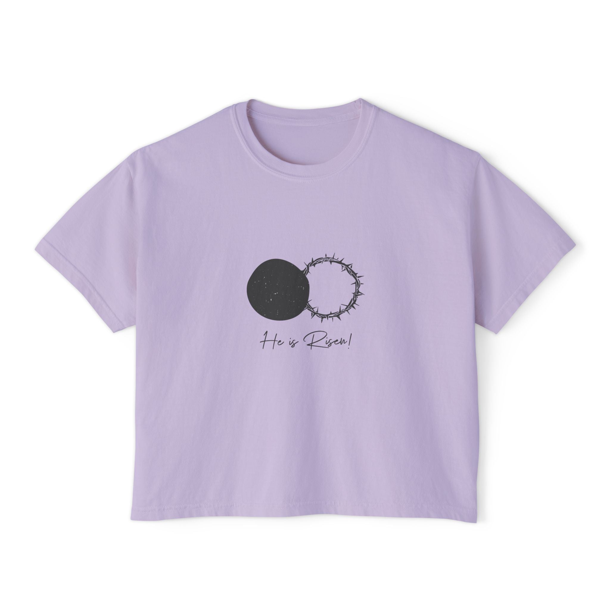 Women's Boxy Tee — 'He is Risen' Minimal Eclipse Graphic Crop Shirt