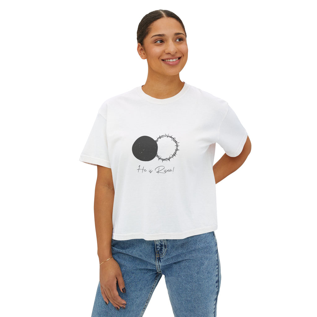 Women's Boxy Tee — 'He is Risen' Minimal Eclipse Graphic Crop Shirt