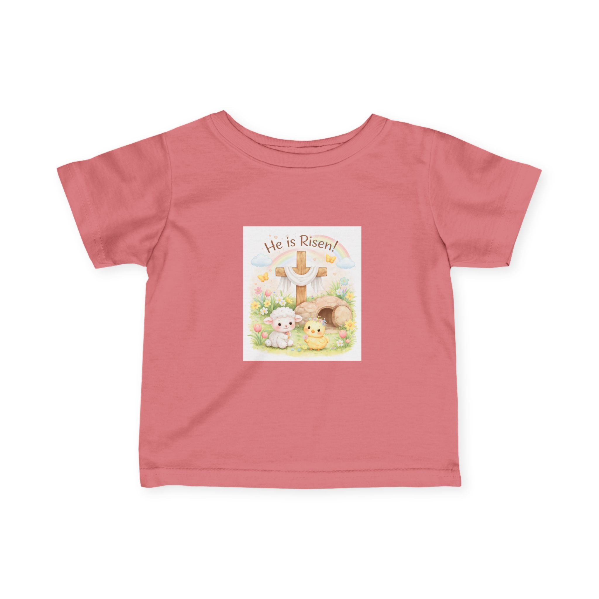 Infant Tee — "He is Risen" Easter Cross & Bunny Floral Design