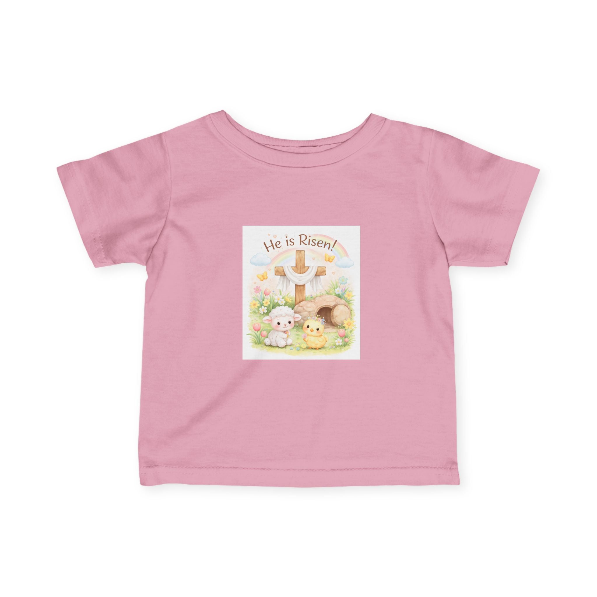 Infant Tee — "He is Risen" Easter Cross & Bunny Floral Design