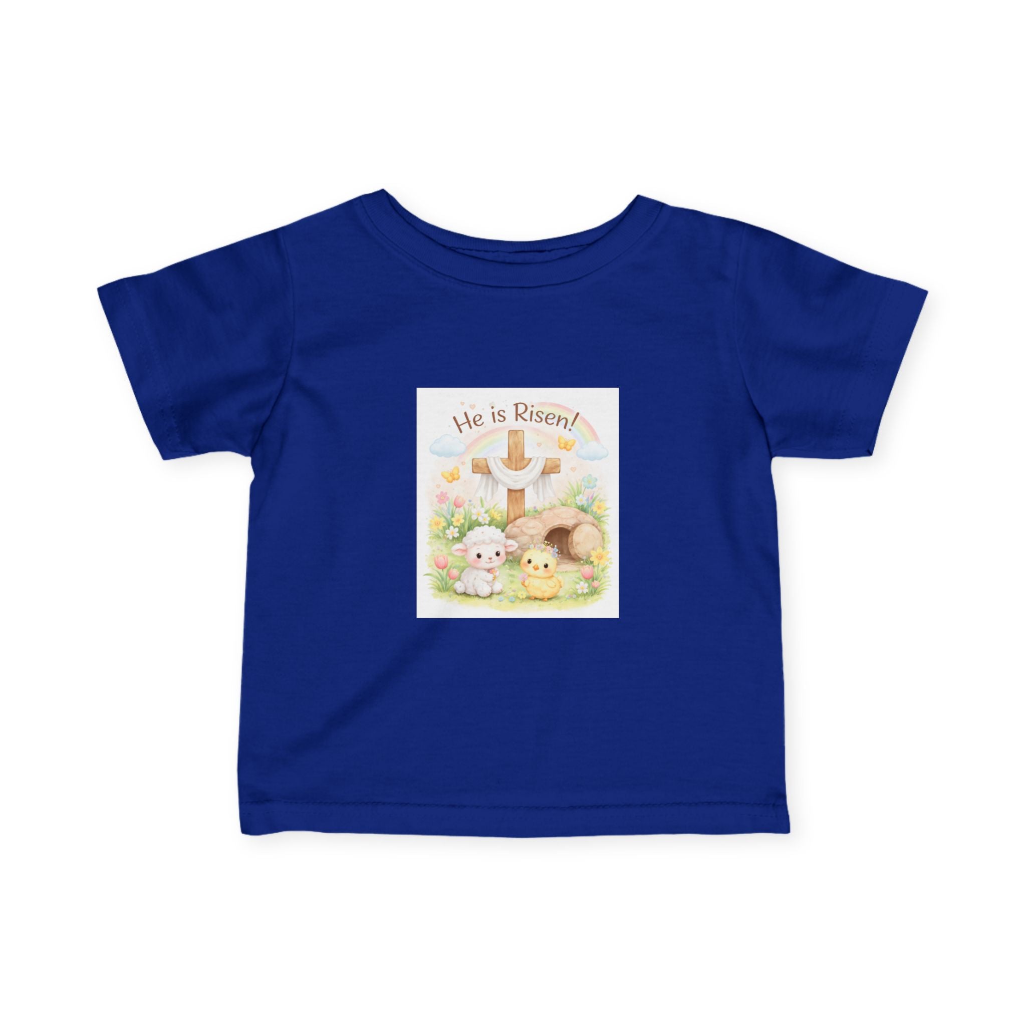 Infant Tee — "He is Risen" Easter Cross & Bunny Floral Design