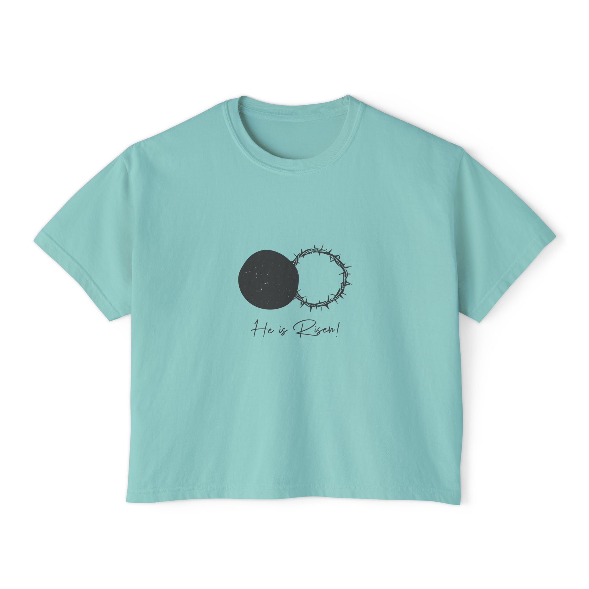 Women's Boxy Tee — 'He is Risen' Minimal Eclipse Graphic Crop Shirt