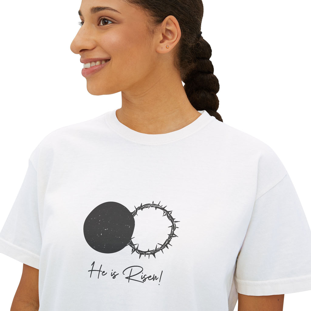 Women's Boxy Tee — 'He is Risen' Minimal Eclipse Graphic Crop Shirt