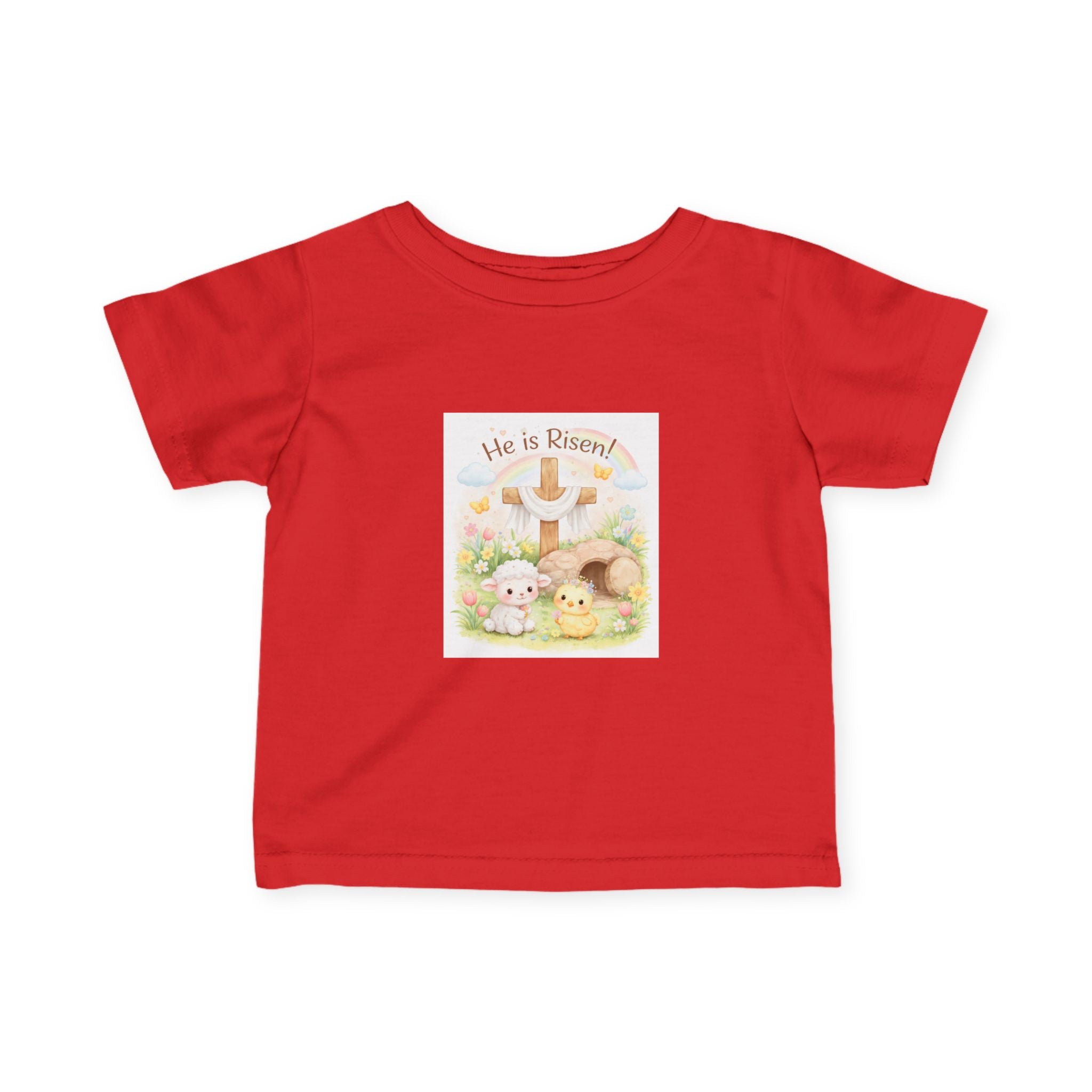 Infant Tee — "He is Risen" Easter Cross & Bunny Floral Design