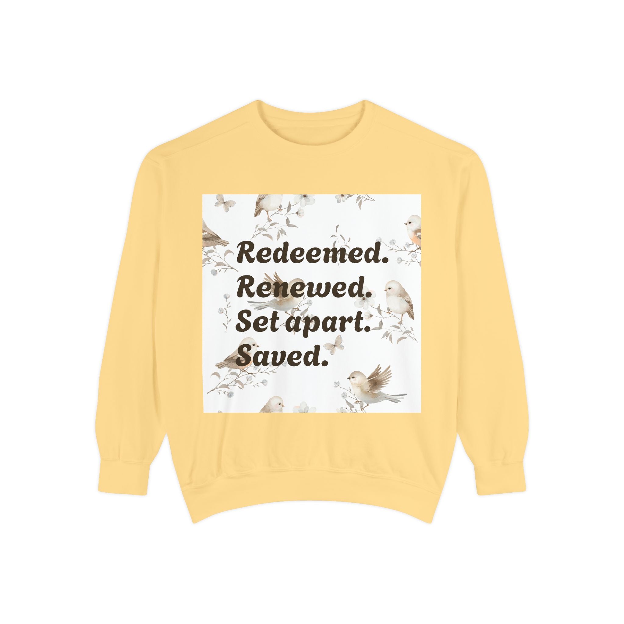Christian Sweatshirt — "Redeemed. Renewed. Set Apart. Saved." Crewneck