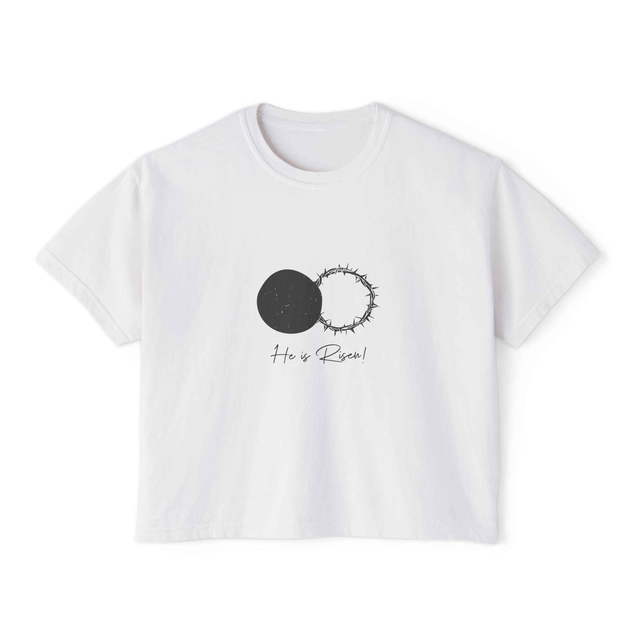 Women's Boxy Tee — 'He is Risen' Minimal Eclipse Graphic Crop Shirt