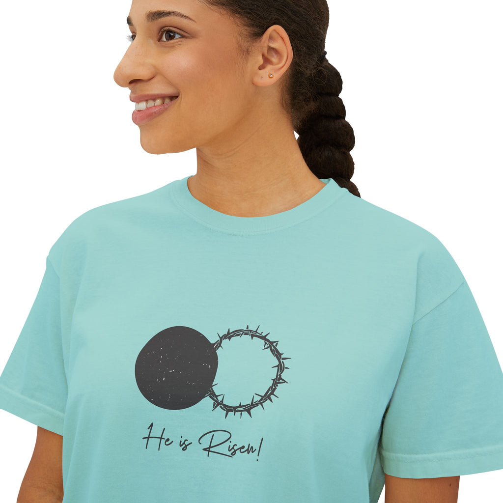 Women's Boxy Tee — 'He is Risen' Minimal Eclipse Graphic Crop Shirt