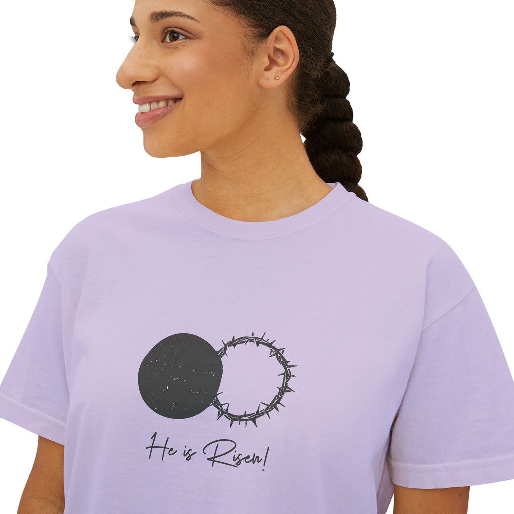 Women's Boxy Tee — 'He is Risen' Minimal Eclipse Graphic Crop Shirt