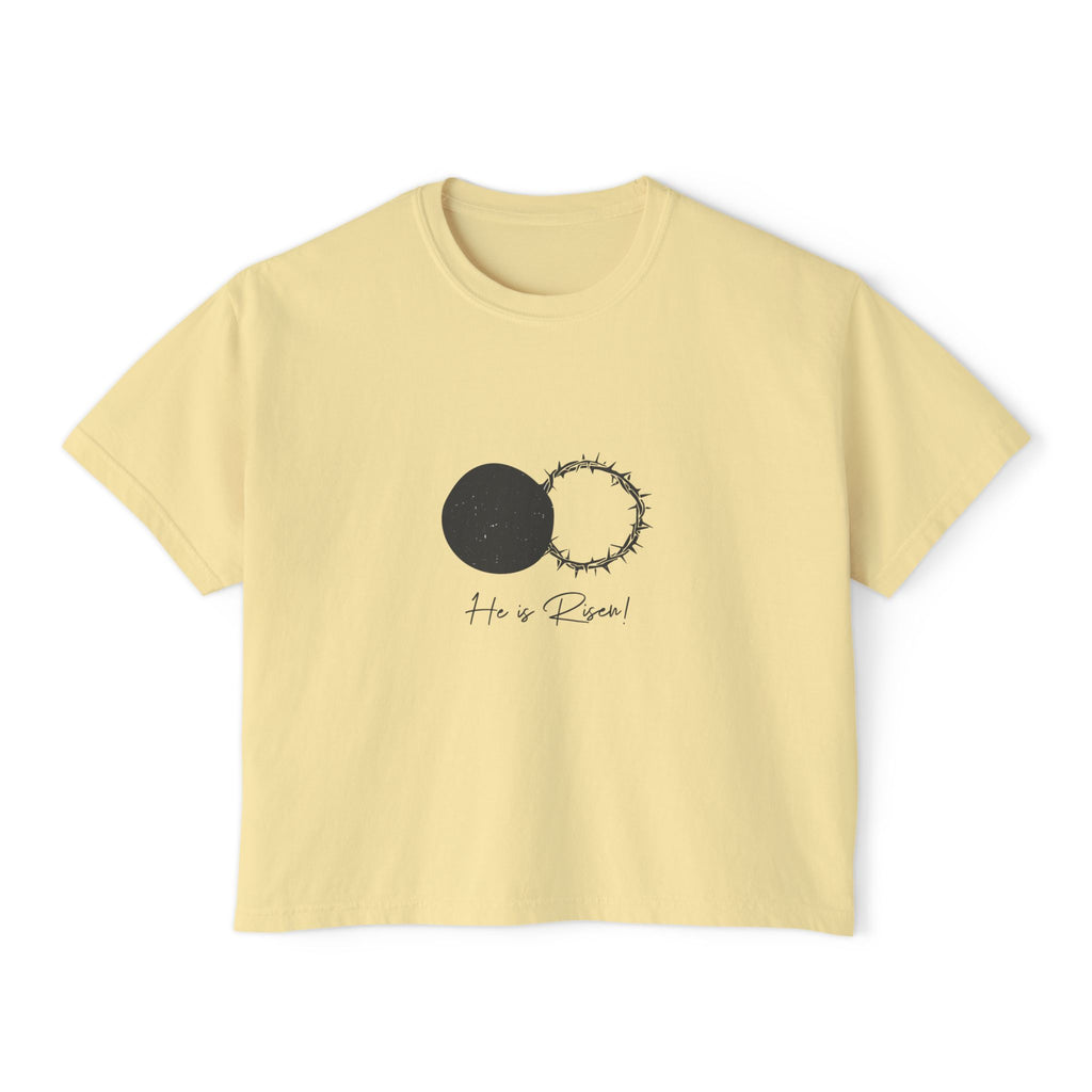 Women's Boxy Tee — 'He is Risen' Minimal Eclipse Graphic Crop Shirt
