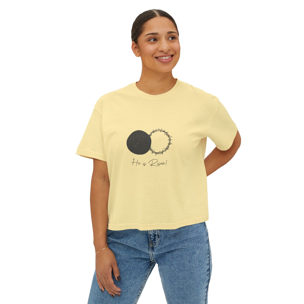 Women's Boxy Tee — 'He is Risen' Minimal Eclipse Graphic Crop Shirt