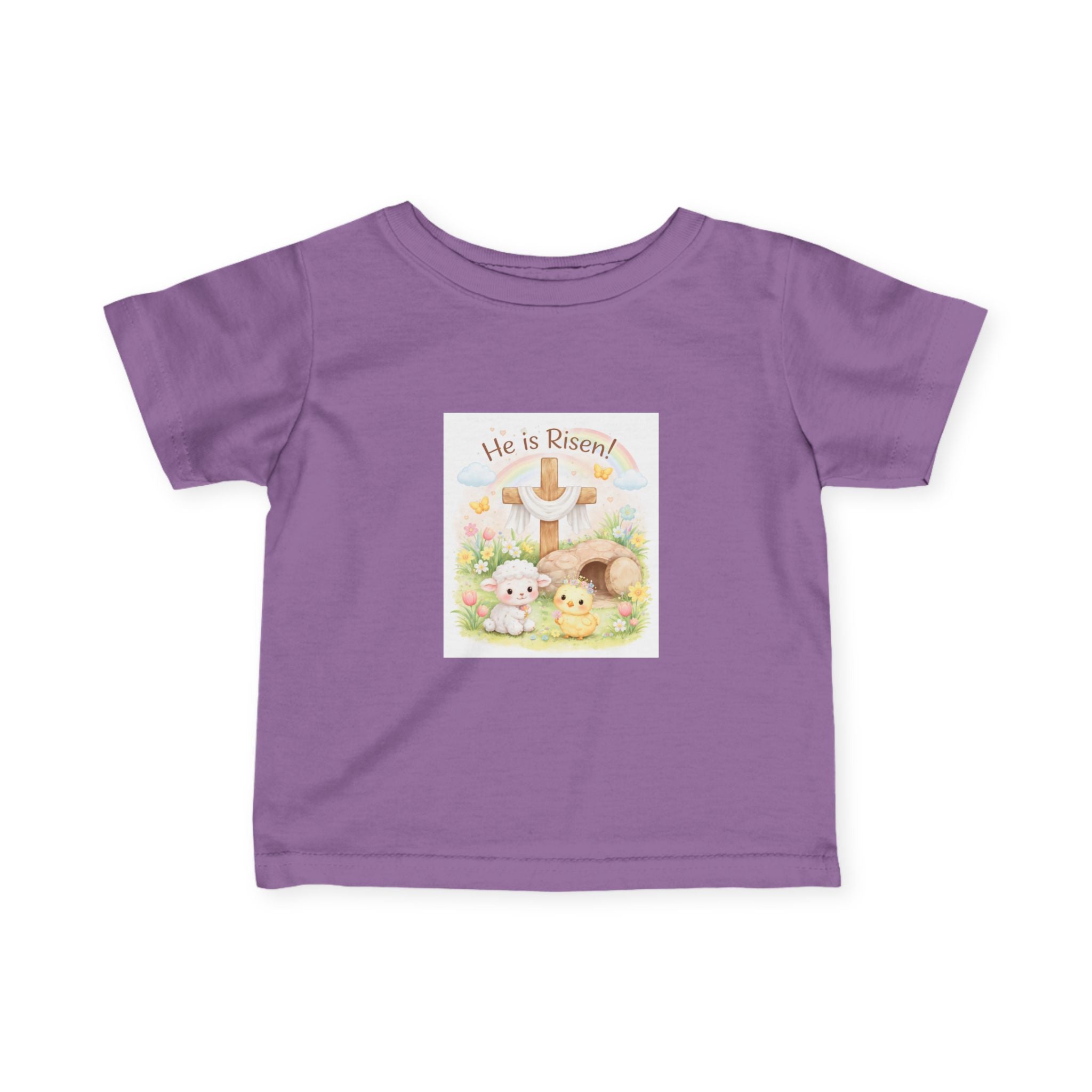 Infant Tee — "He is Risen" Easter Cross & Bunny Floral Design