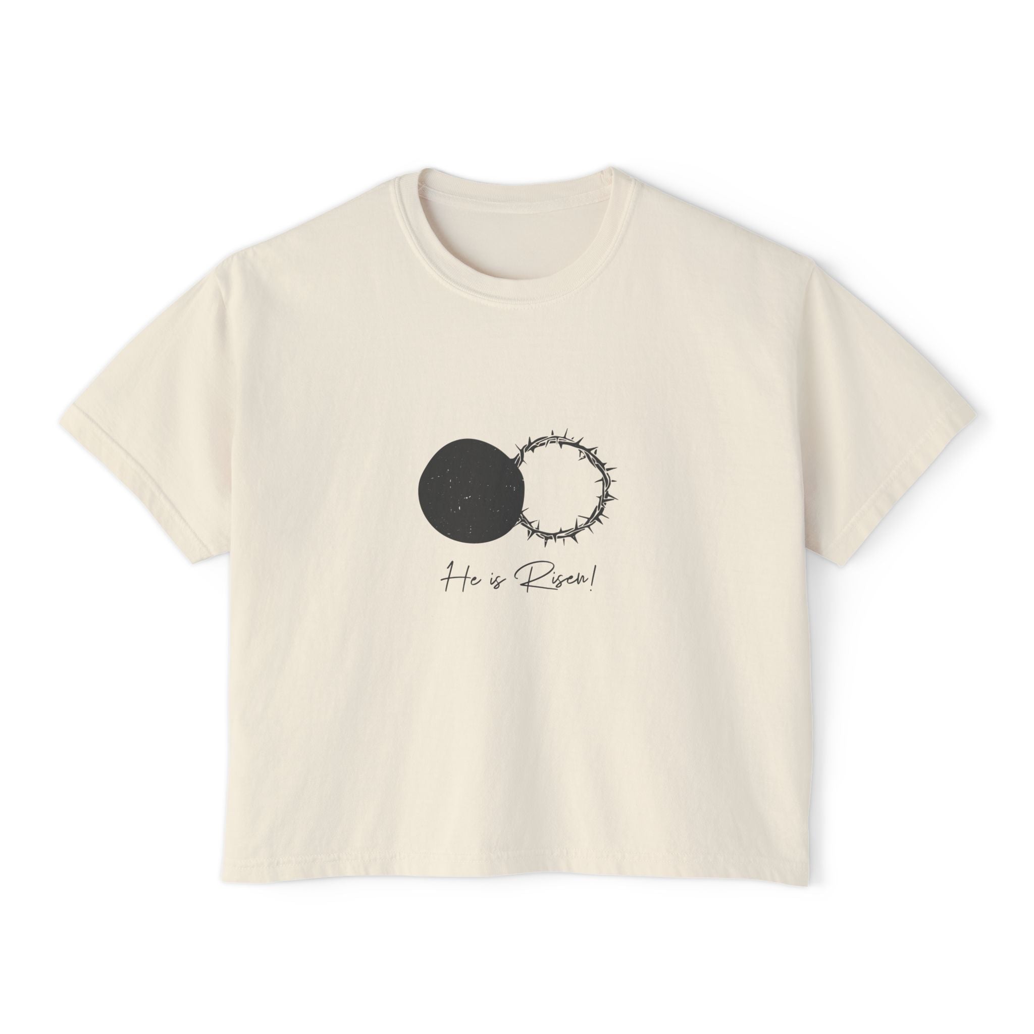 Women's Boxy Tee — 'He is Risen' Minimal Eclipse Graphic Crop Shirt