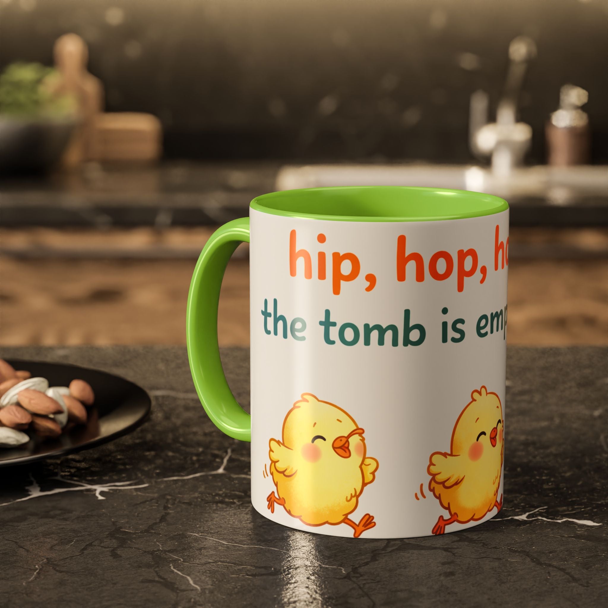 Easter Chick Coffee Mug — "Hop, hop, hooray the tomb is empty today" Colorful Ceramic Mug (11oz/15oz)