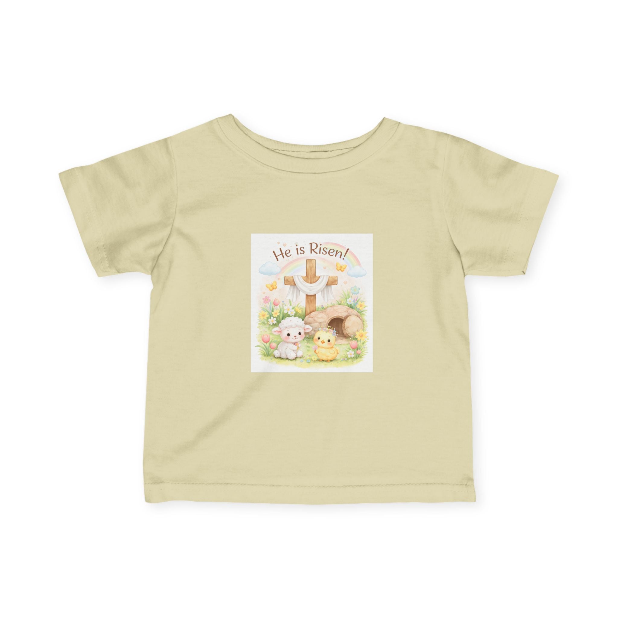 Infant Tee — "He is Risen" Easter Cross & Bunny Floral Design