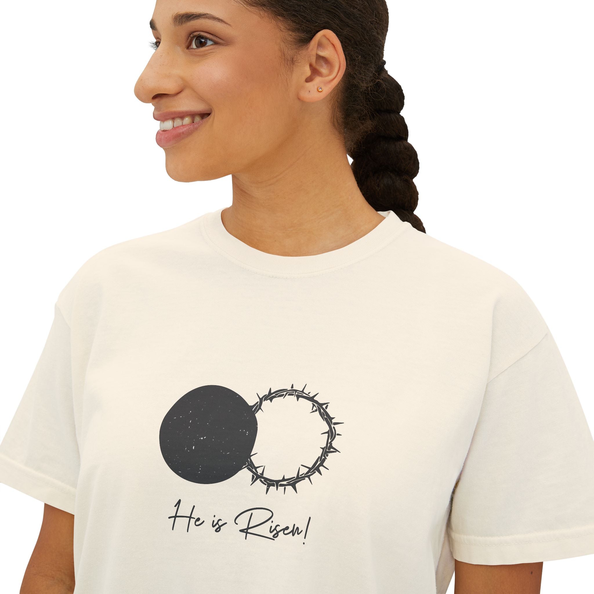 Women's Boxy Tee — 'He is Risen' Minimal Eclipse Graphic Crop Shirt