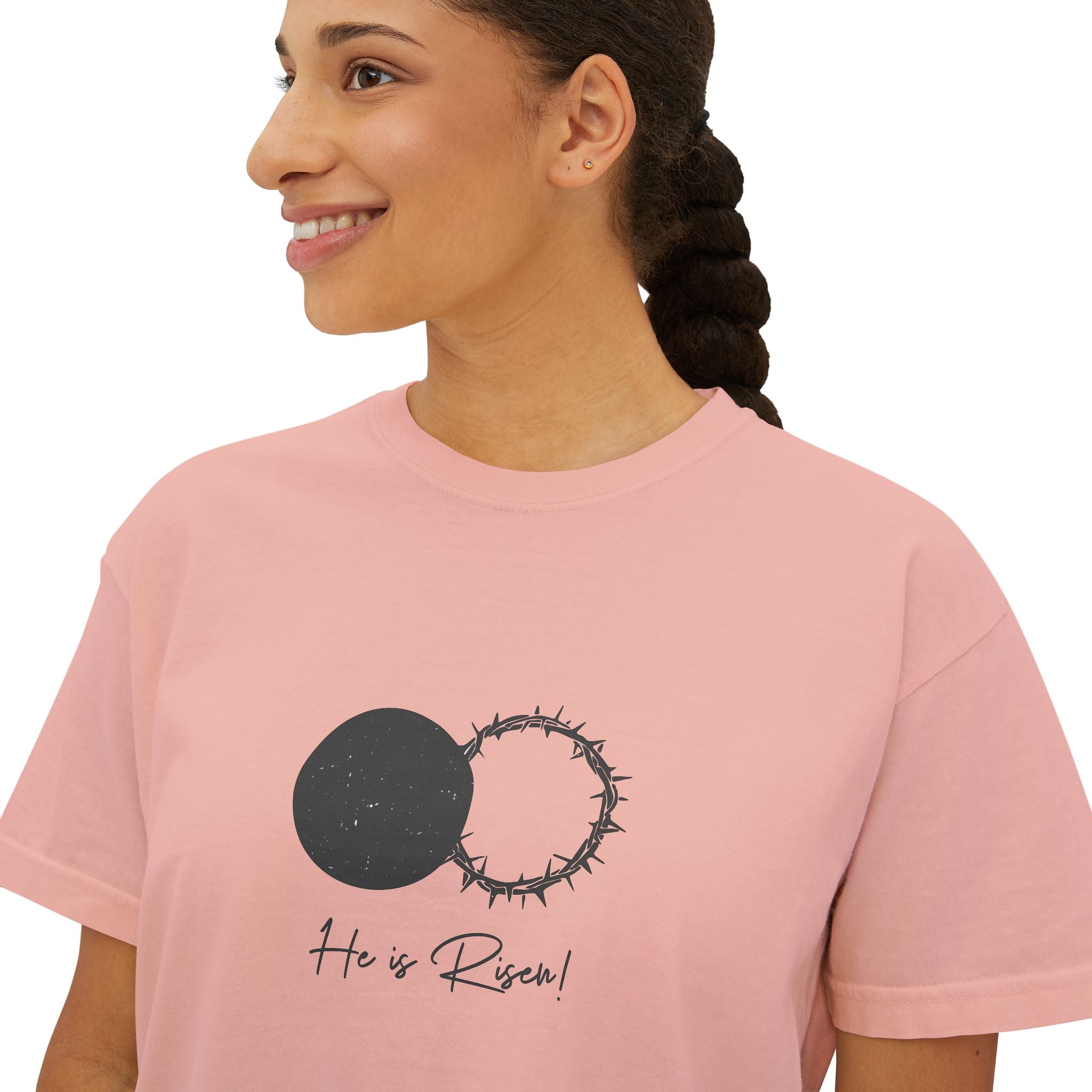 Women's Boxy Tee — 'He is Risen' Minimal Eclipse Graphic Crop Shirt