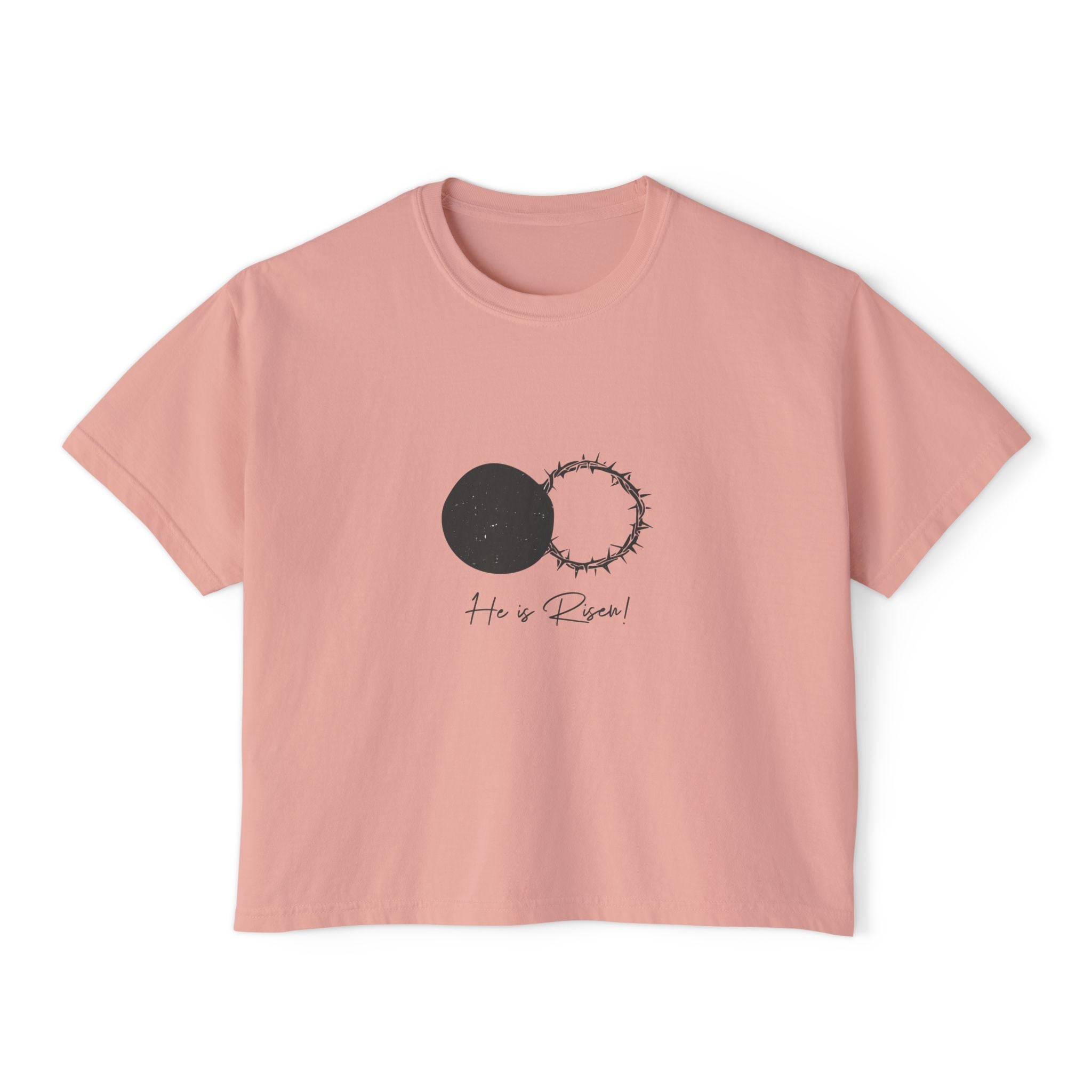 Women's Boxy Tee — 'He is Risen' Minimal Eclipse Graphic Crop Shirt