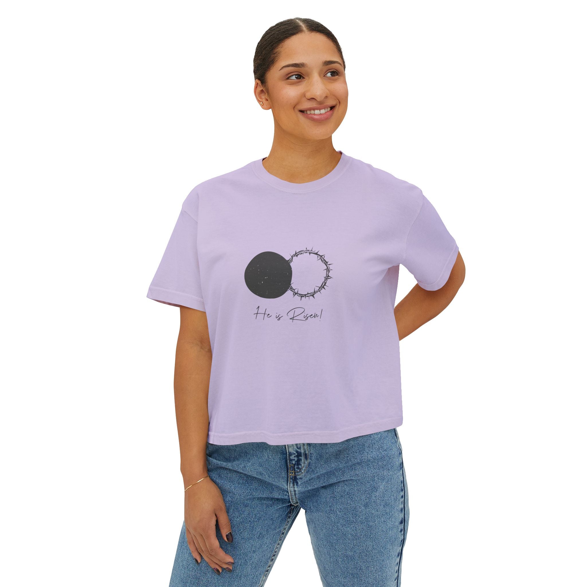 Women's Boxy Tee — 'He is Risen' Minimal Eclipse Graphic Crop Shirt