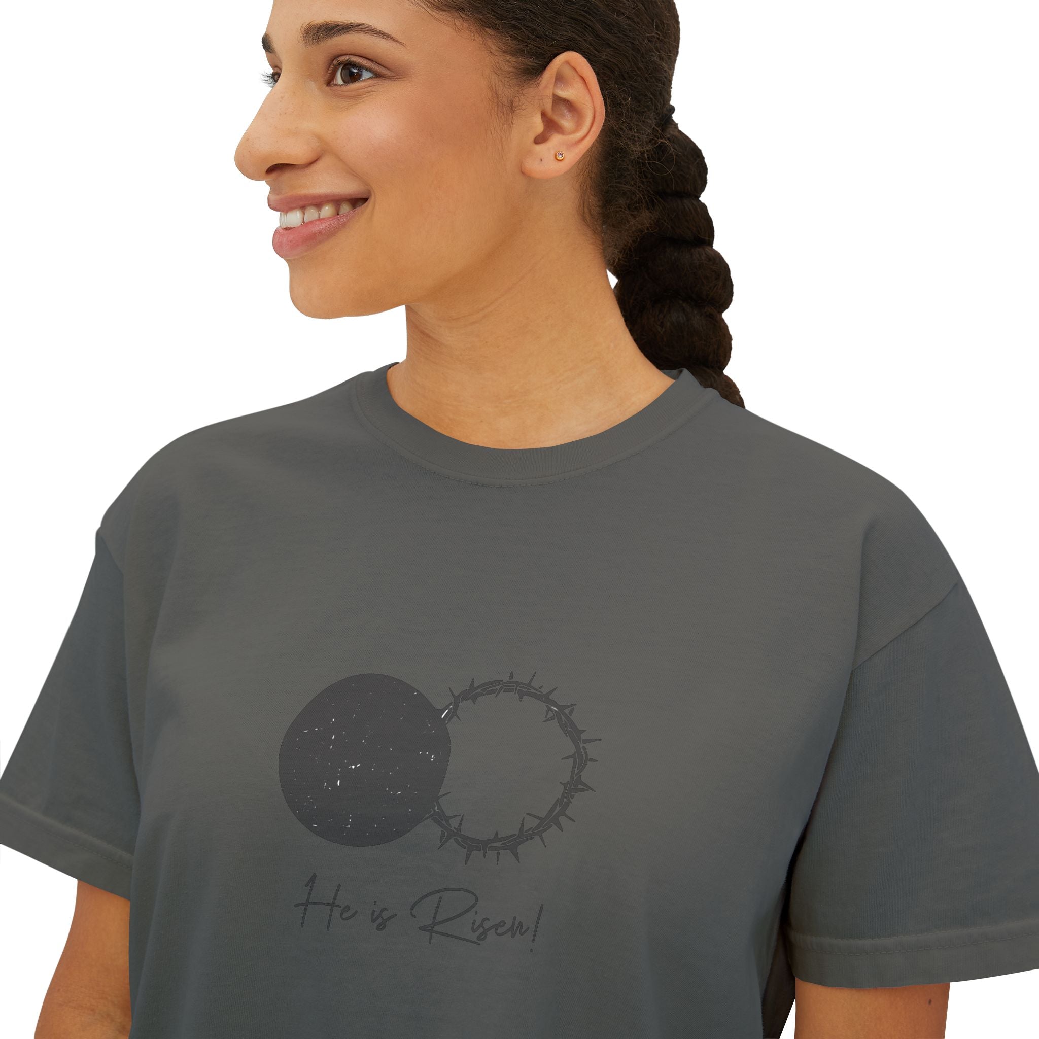 Women's Boxy Tee — 'He is Risen' Minimal Eclipse Graphic Crop Shirt