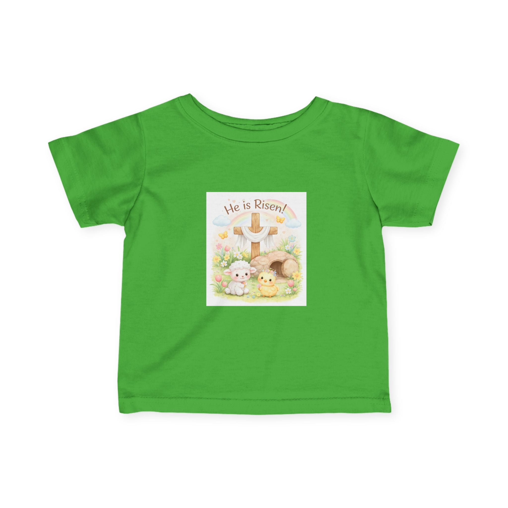 Infant Tee — "He is Risen" Easter Cross & Bunny Floral Design