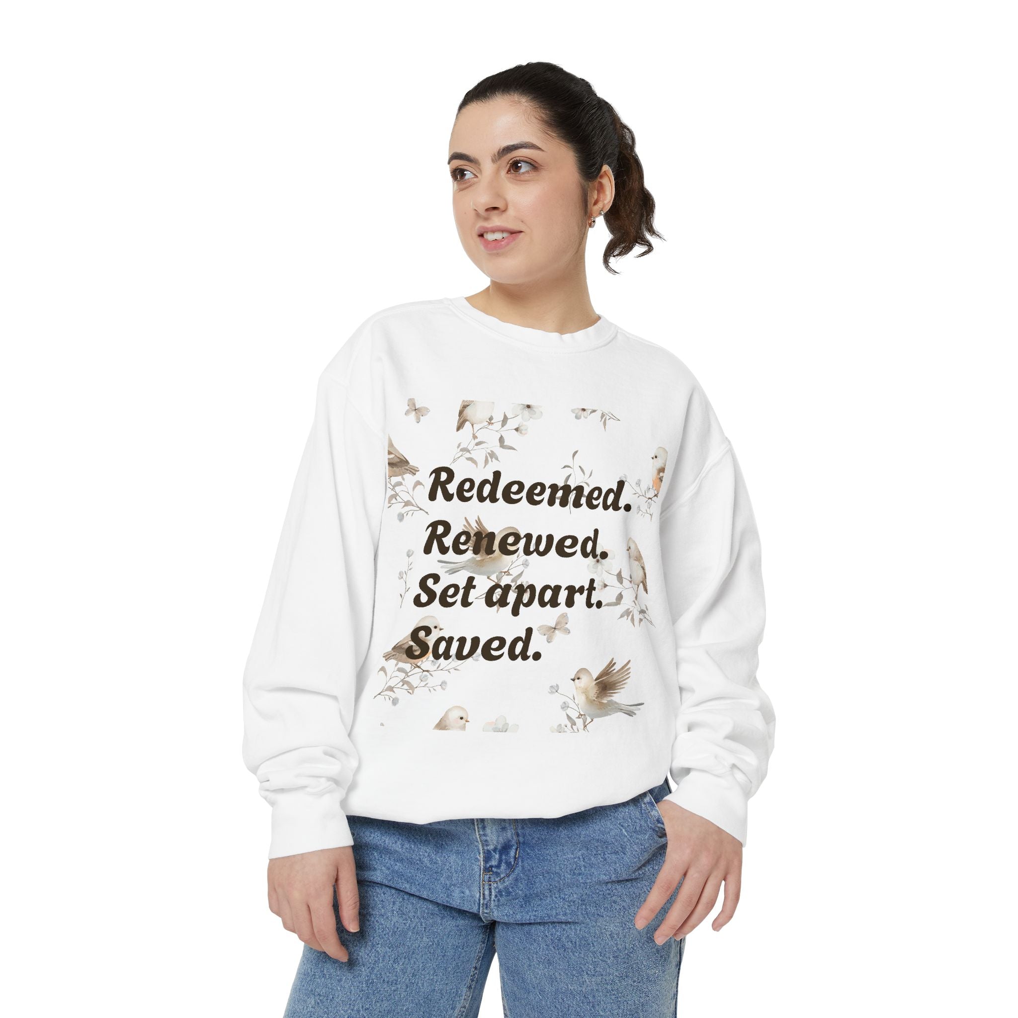 Christian Sweatshirt — "Redeemed. Renewed. Set Apart. Saved." Crewneck
